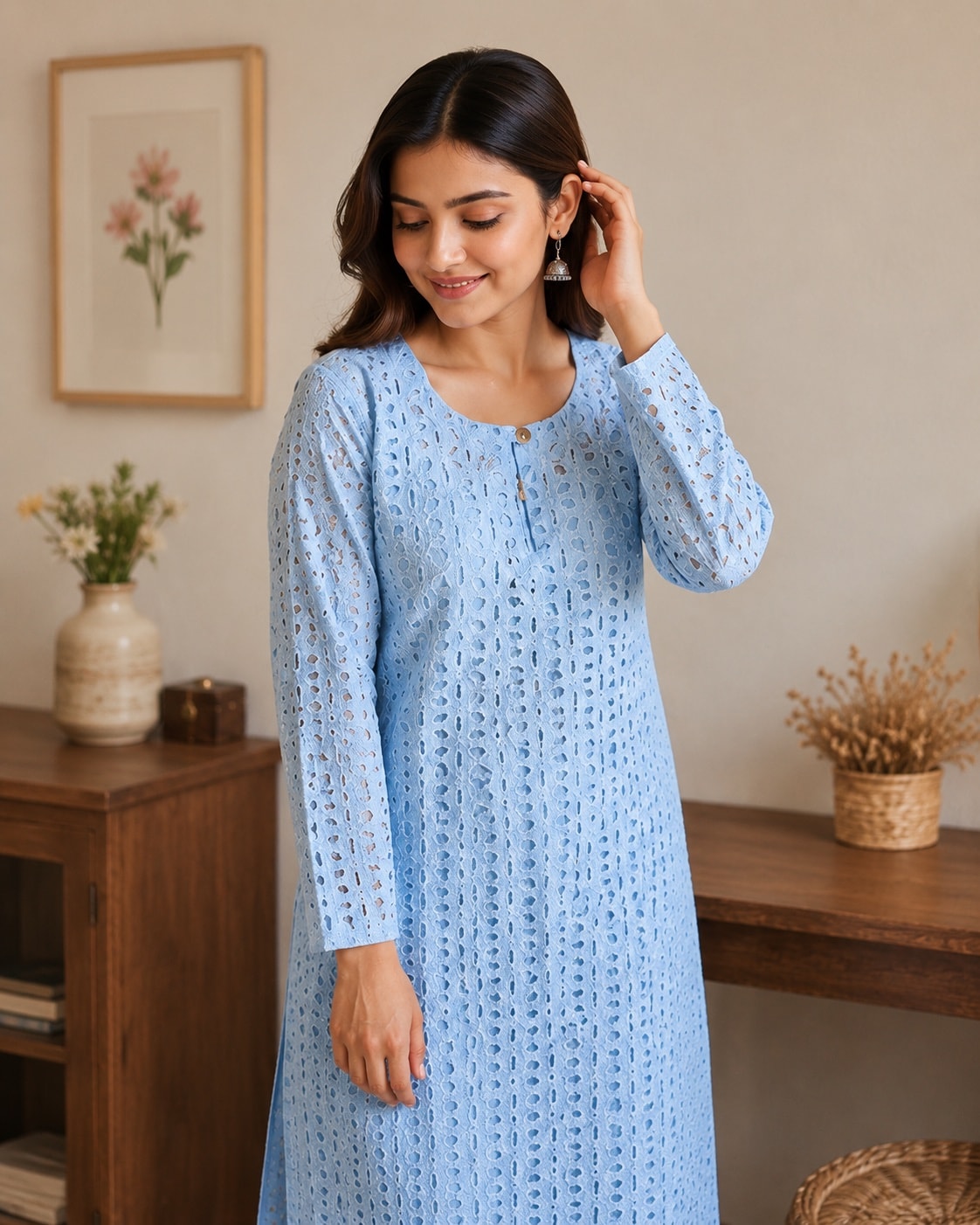 Aasma Blue Pure Cotton Hakoba Kurta Set